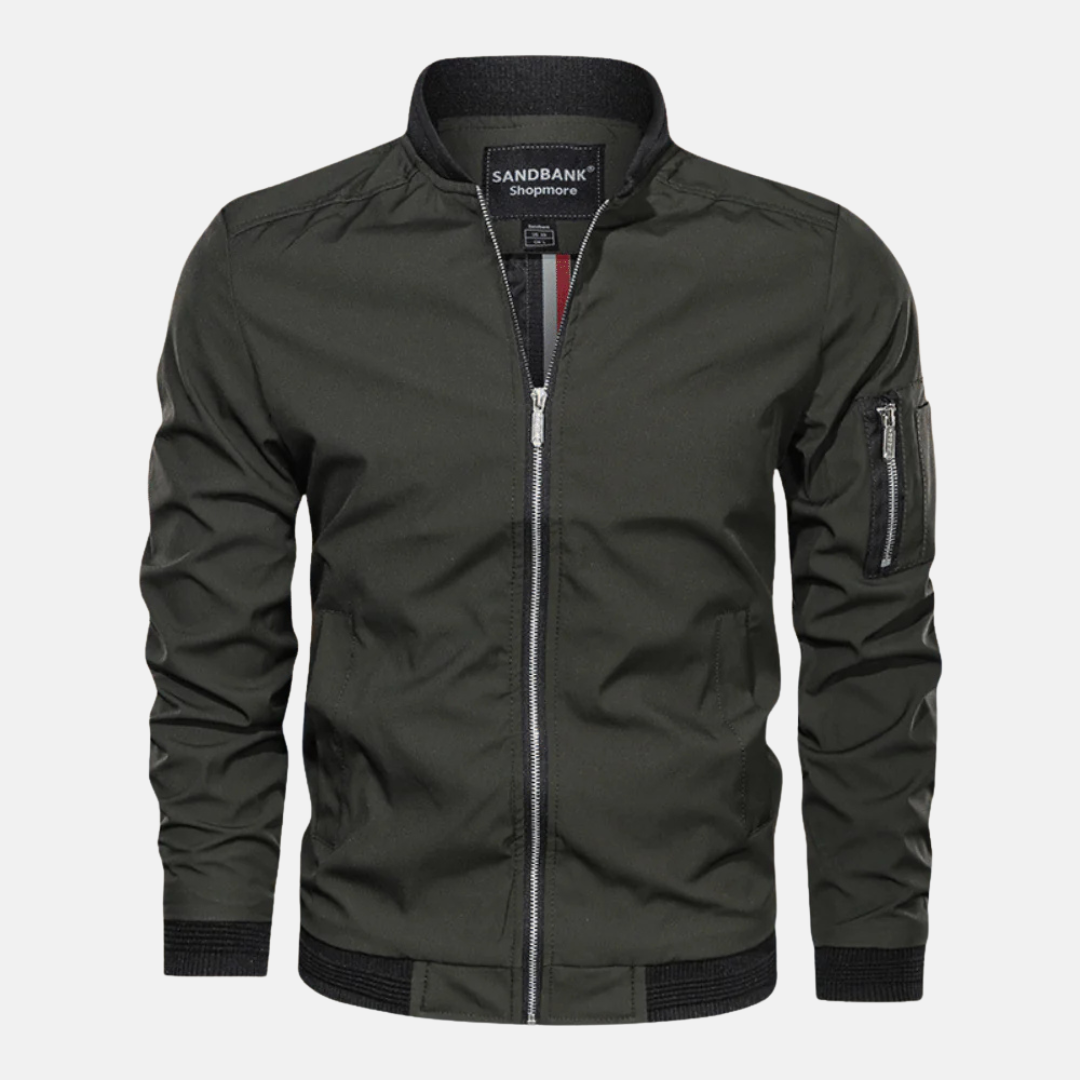 Men's Casual Bomber Jacket – Regular Fit – Ribbed Collar – Zipper Sleeve Pocket Green