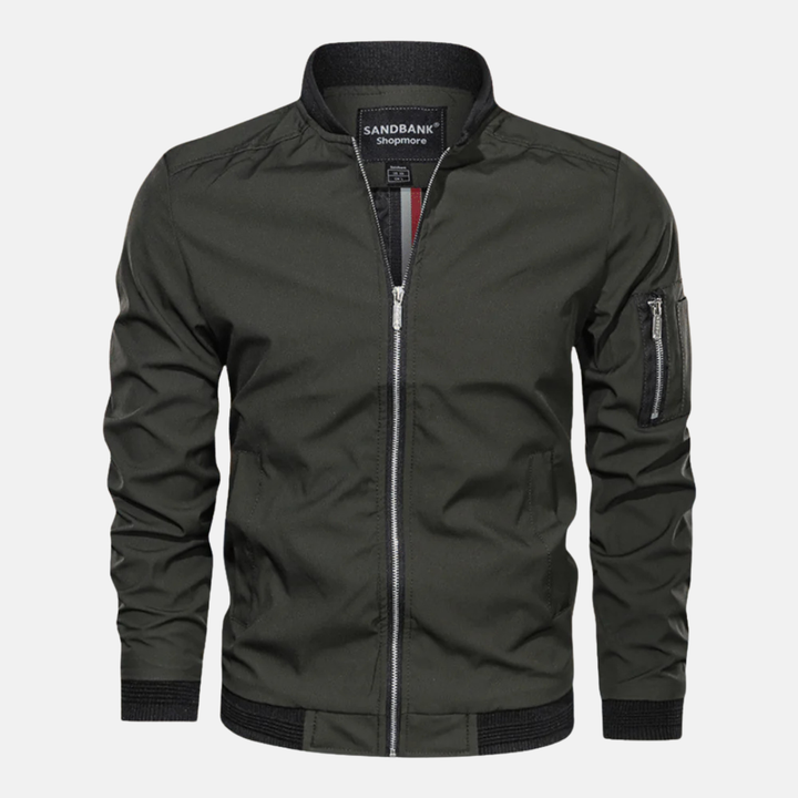 Men's Casual Bomber Jacket – Regular Fit – Ribbed Collar – Zipper Sleeve Pocket Green
