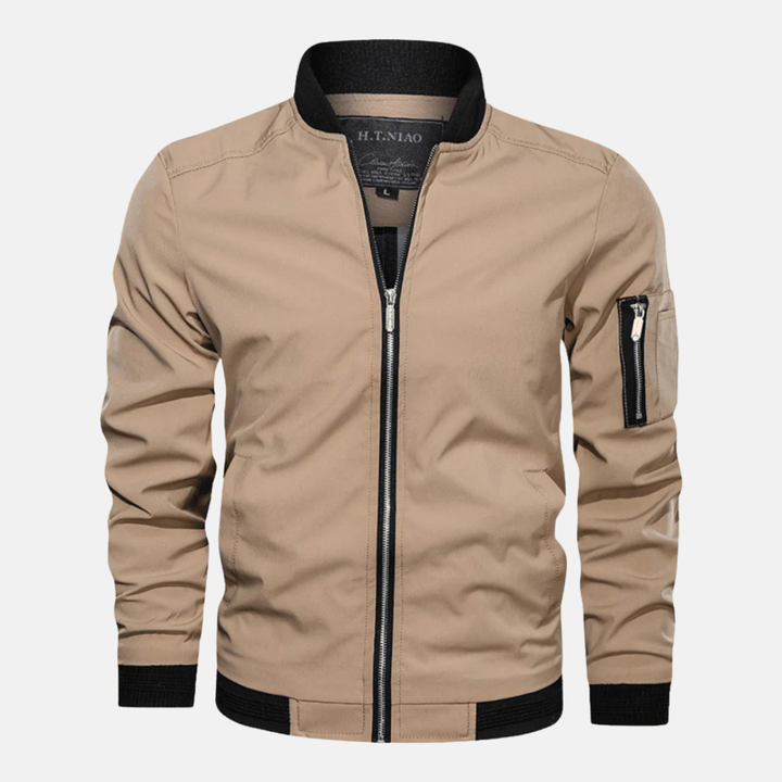 Men's Casual Bomber Jacket – Regular Fit – Ribbed Collar – Zipper Sleeve Pocket Beige