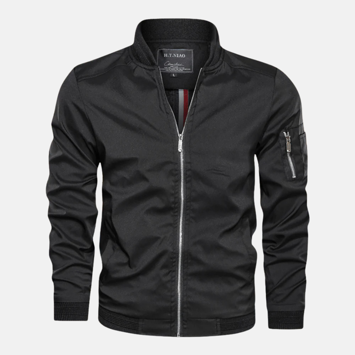 Men's Casual Bomber Jacket – Regular Fit – Ribbed Collar – Zipper Sleeve Pocket Black