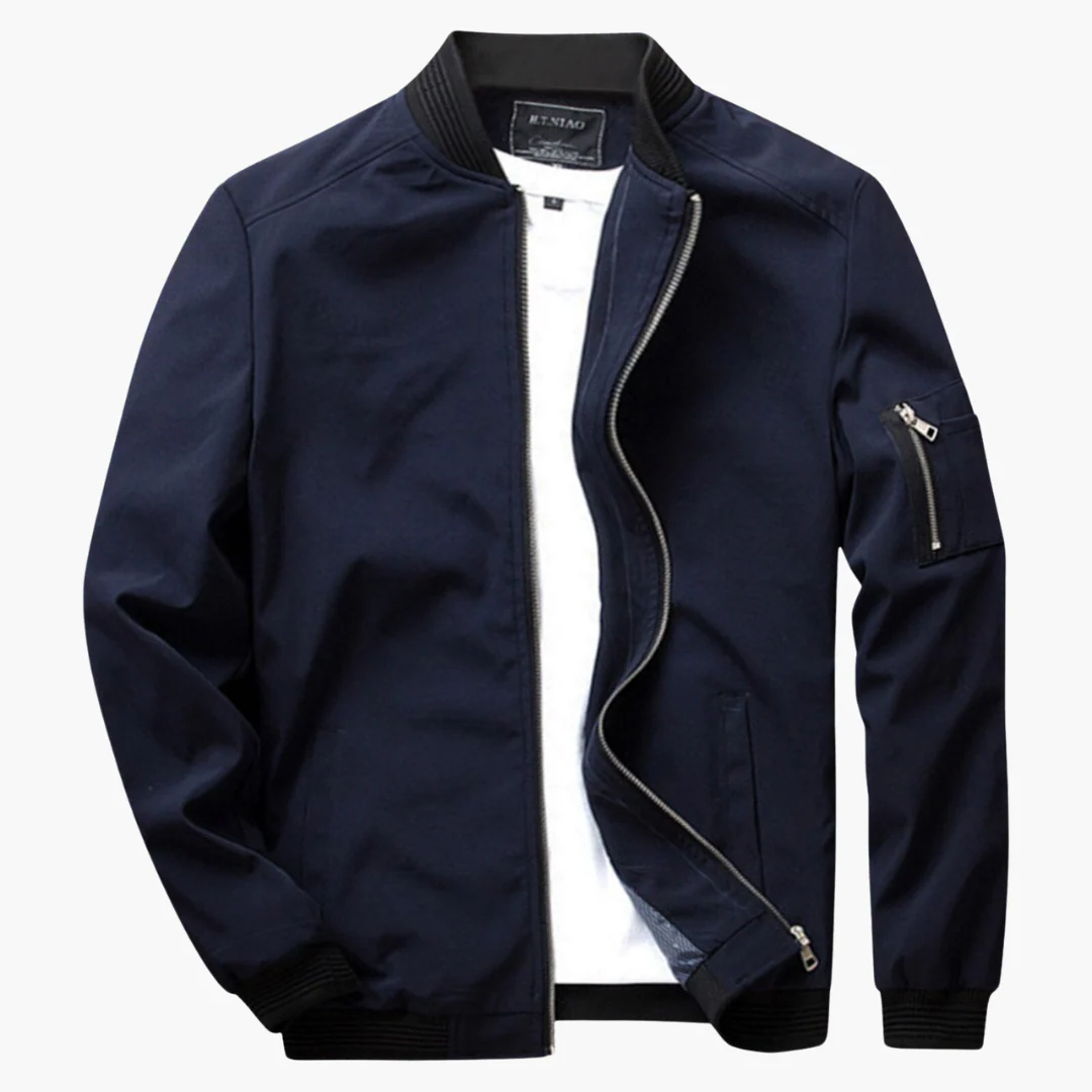 Men's Casual Bomber Jacket – Regular Fit – Ribbed Trims – Zipper Sleeve Pocket Blue
