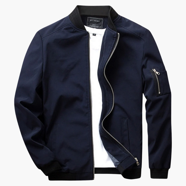 Men's Casual Bomber Jacket – Regular Fit – Ribbed Trims – Zipper Sleeve Pocket Blue