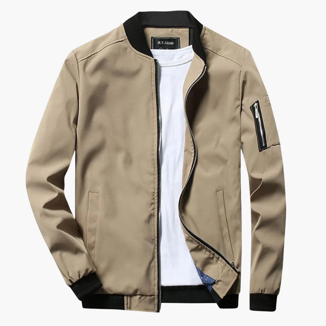 Men's Casual Bomber Jacket – Regular Fit – Ribbed Trims – Zipper Sleeve Pocket Khaki