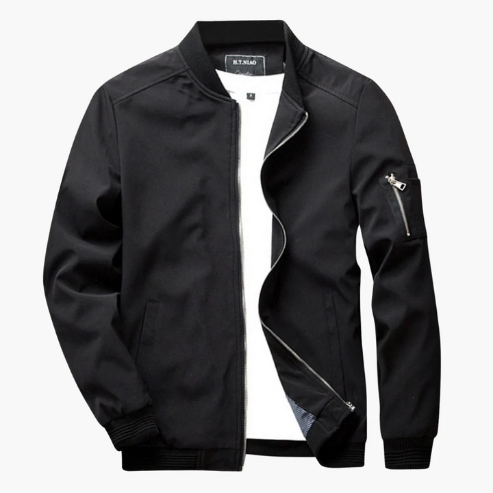 Men's Casual Bomber Jacket – Regular Fit – Ribbed Trims – Zipper Sleeve Pocket Black