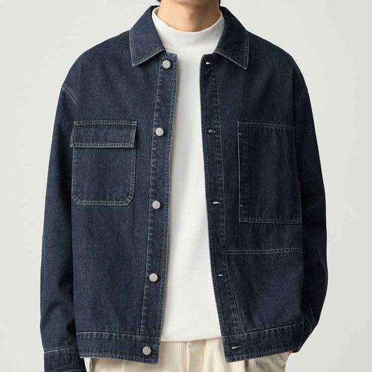 Men's Cotton Denim Relaxed Button Front Patch Pocket Jacket Dark Blue