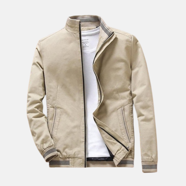 Men's Casual Fit Bomber Jacket – Cotton Blend – Zipper Closure – Ribbed Cuffs Light Beige