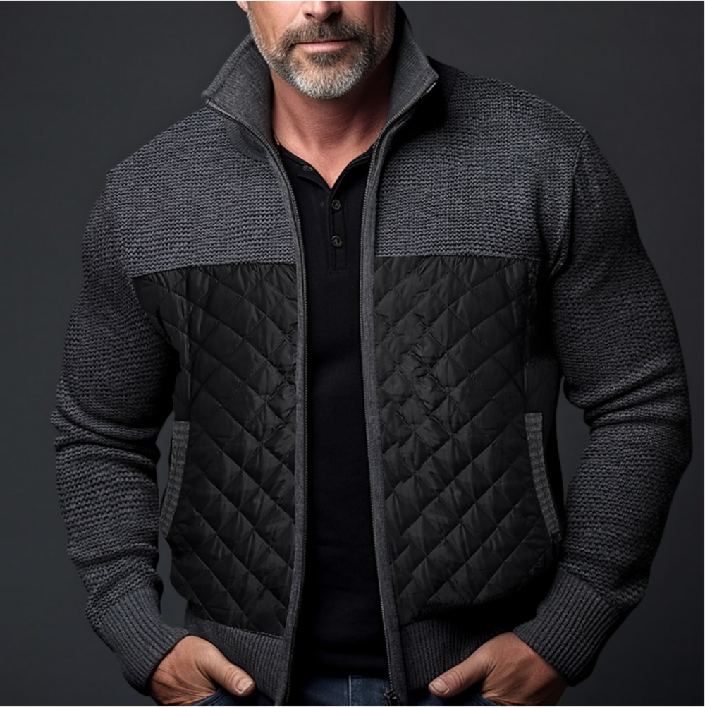Men's Casual High Collar Knitted Padded Jacket - Regular Fit with Zip Closure Dark Grey