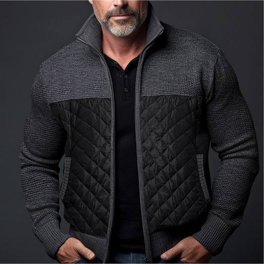 Men's Black Padded High Collar Knit Sleeve Zip Winter Jacket Dark Grey