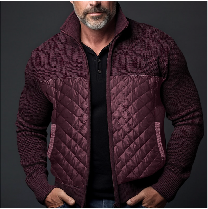 Men's Casual High Collar Knitted Padded Jacket - Regular Fit with Zip Closure Red