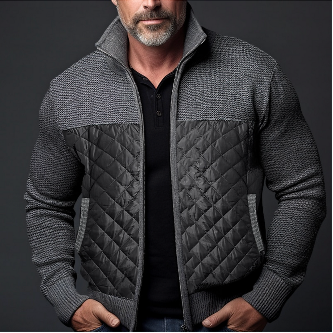 Men's Casual High Collar Knitted Padded Jacket - Regular Fit with Zip Closure Light Grey