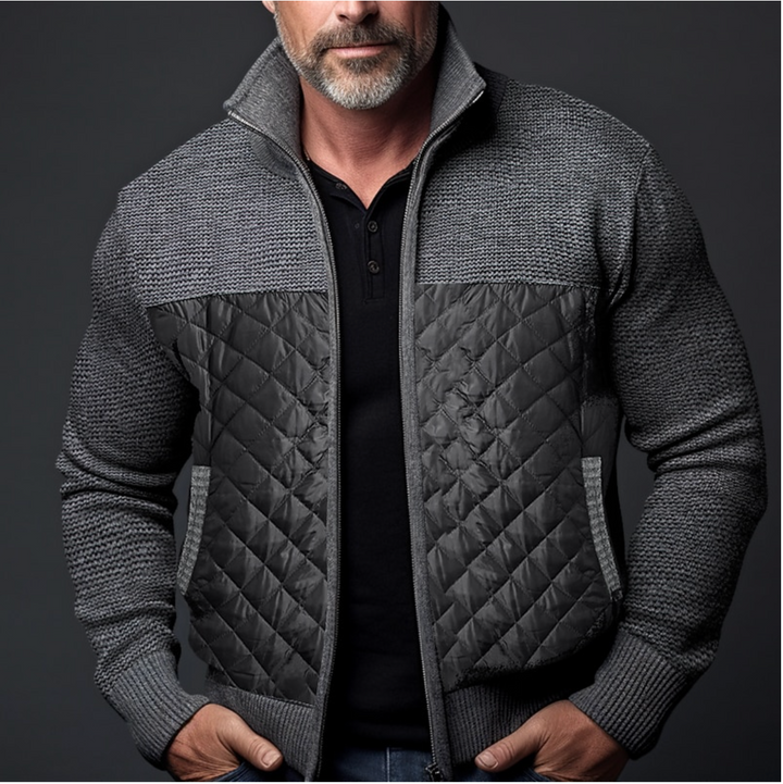 Men's Casual High Collar Knitted Padded Jacket - Regular Fit with Zip Closure Light Grey