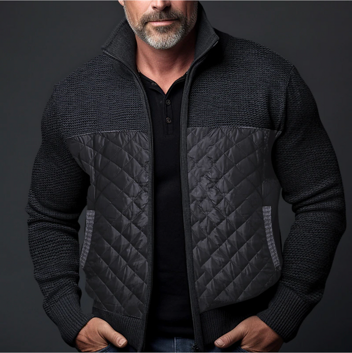 Men's Casual High Collar Knitted Padded Jacket - Regular Fit with Zip Closure Black