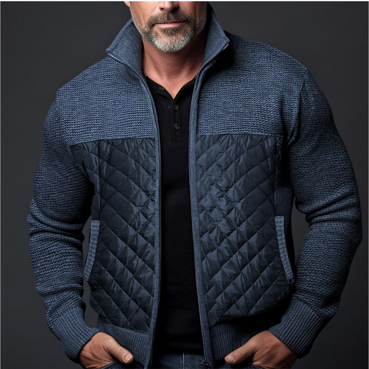 Men's Casual High Collar Knitted Padded Jacket - Regular Fit with Zip Closure Blue