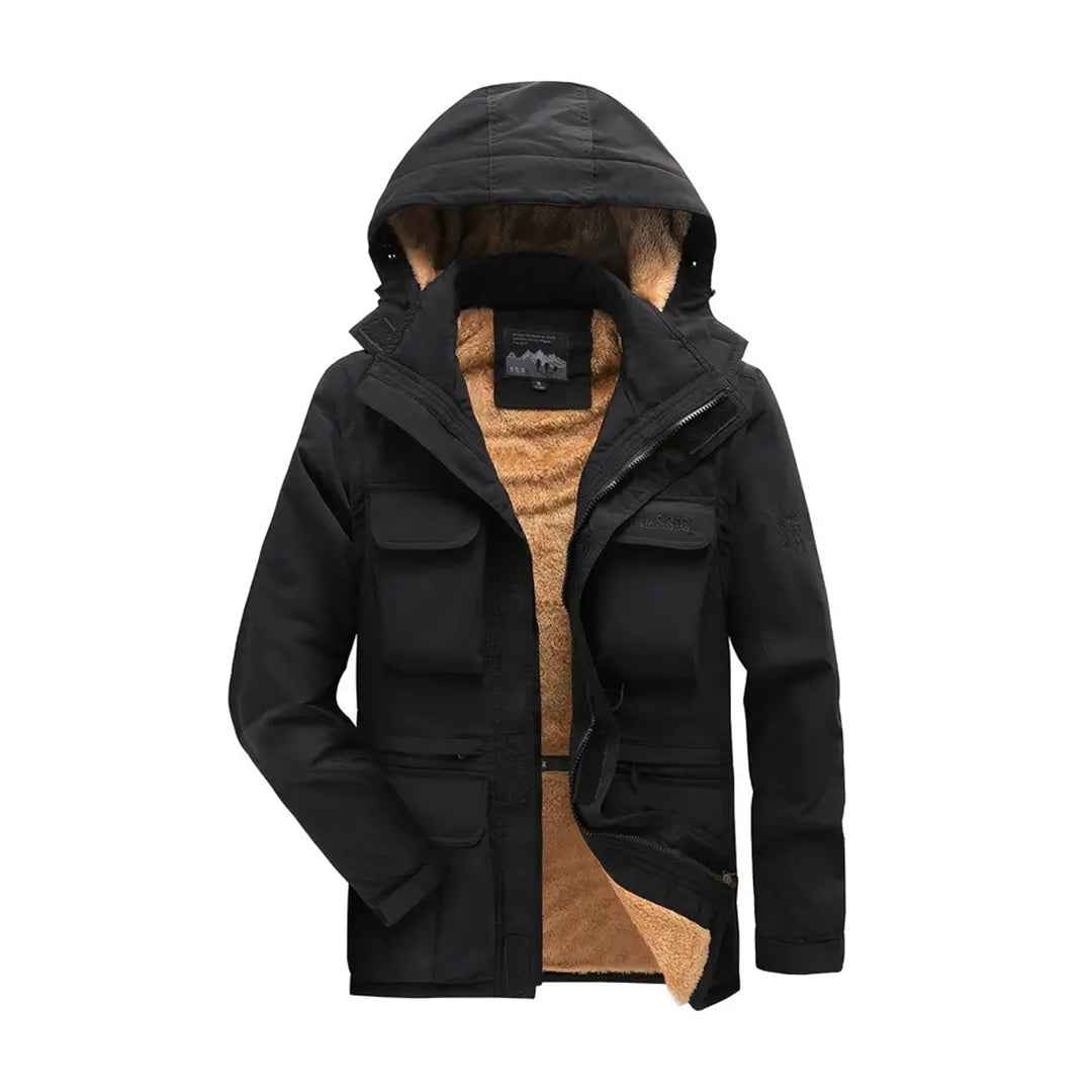 Men's Casual Jacket – Detachable Hood – Faux Fur Lining – Water-Repellent Black
