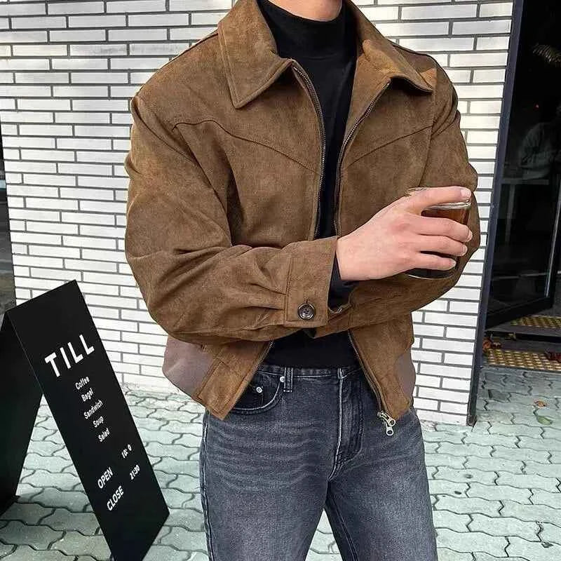 Men's Casual Leather Jacket – Classic Collar, Full-Length Sleeves, Zipper Closure Brown
