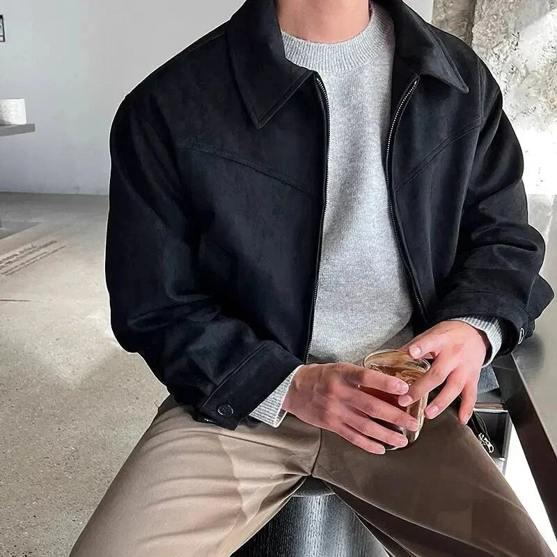 Men's Casual Leather Jacket – Classic Collar, Full-Length Sleeves, Zipper Closure Black