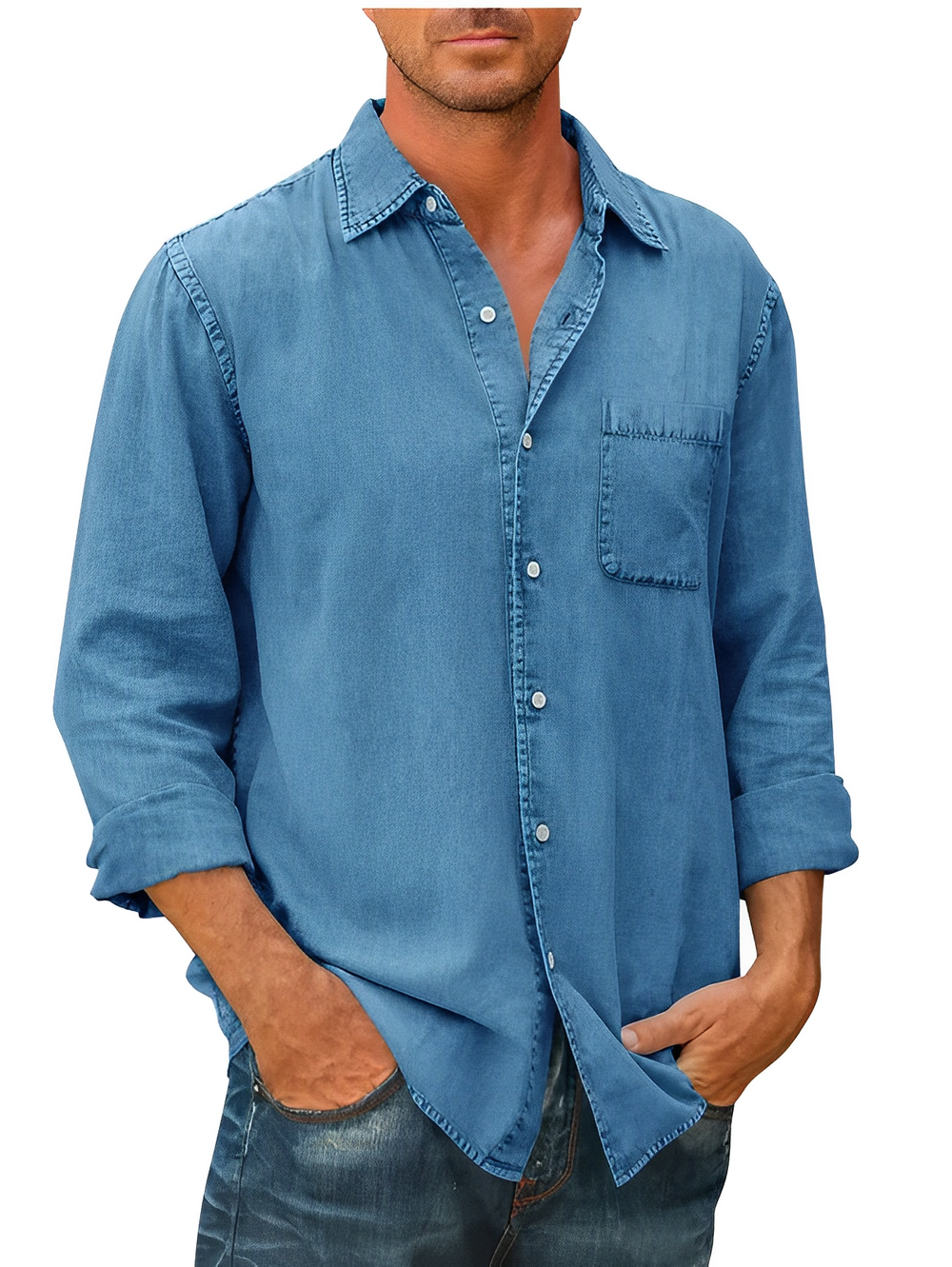 Men's Casual Long Sleeve Cotton Shirt with Chest Pocket - Relaxed Fit Army Green
