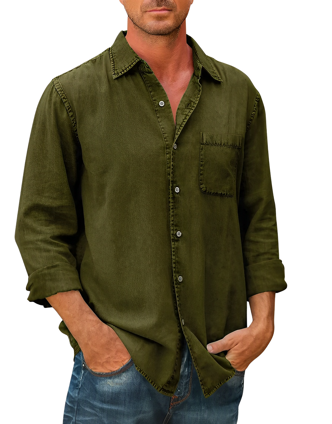 Men's Casual Long Sleeve Cotton Shirt with Chest Pocket - Relaxed Fit Black