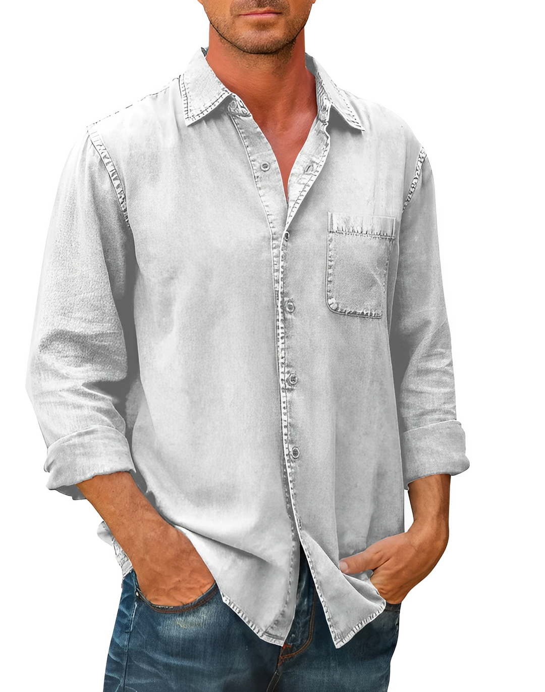 Men's Casual Long Sleeve Cotton Shirt with Chest Pocket - Relaxed Fit Blue