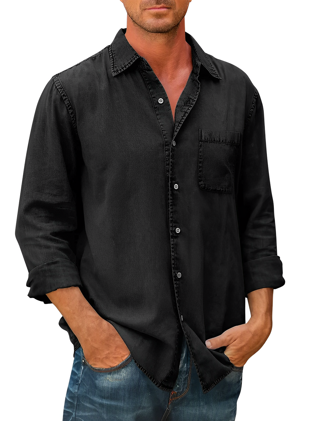 Men's Casual Long Sleeve Cotton Shirt with Chest Pocket - Relaxed Fit White