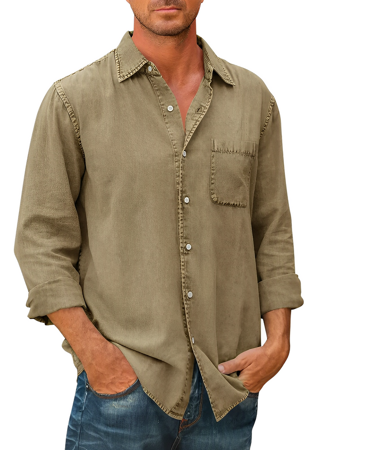 Men's Casual Long Sleeve Cotton Shirt with Chest Pocket - Relaxed Fit Brown