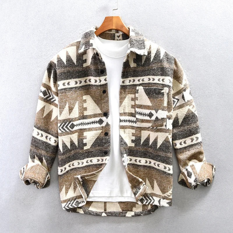Men's Casual Long Sleeve Shirt - Woven Geometric Pattern - Regular Fit Light Brown