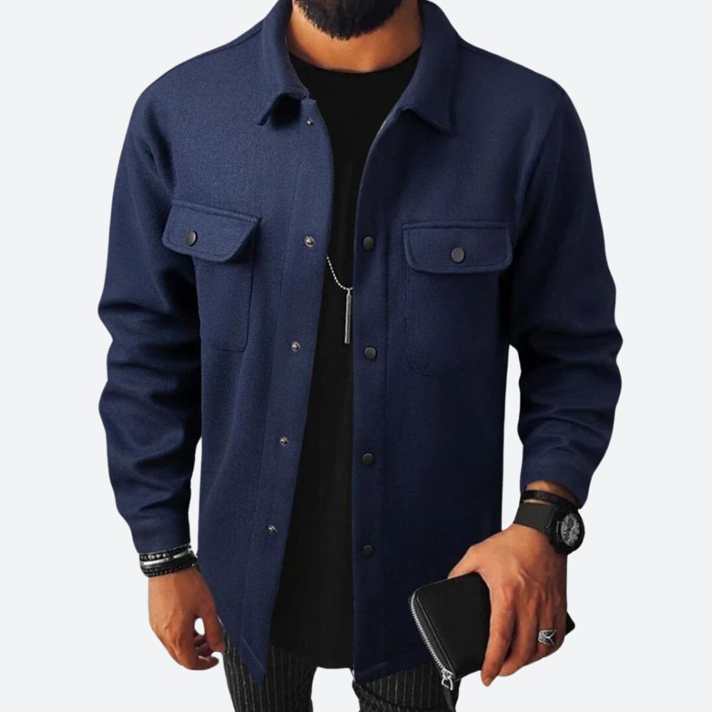 Men's Casual Overshirt Jacket – Heavy Cotton – Relaxed Fit – Long Sleeves Dark Blue