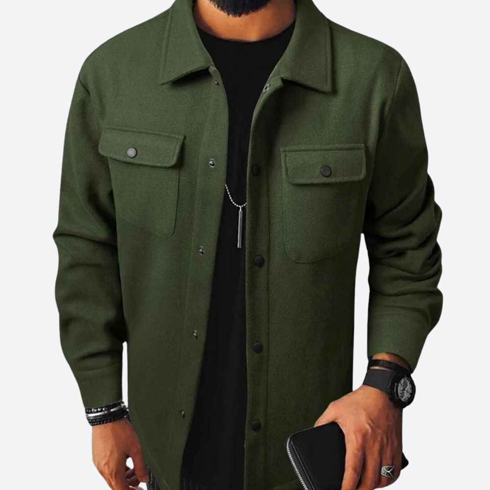 Men's Casual Overshirt Jacket – Heavy Cotton – Relaxed Fit – Long Sleeves Olive Green