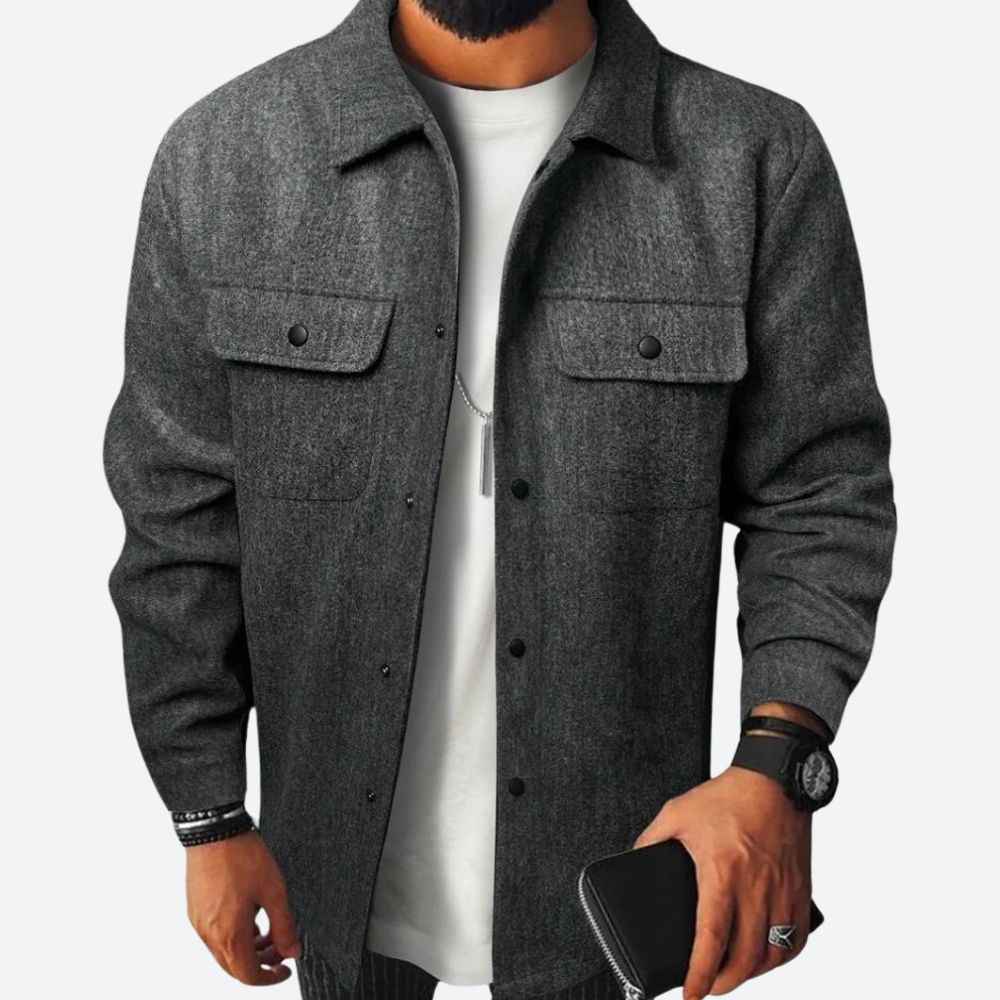 Men's Casual Overshirt Jacket – Heavy Cotton – Relaxed Fit – Long Sleeves Dark Grey