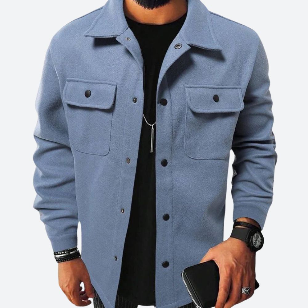 Men's Casual Overshirt Jacket – Heavy Cotton – Relaxed Fit – Long Sleeves Light Blue