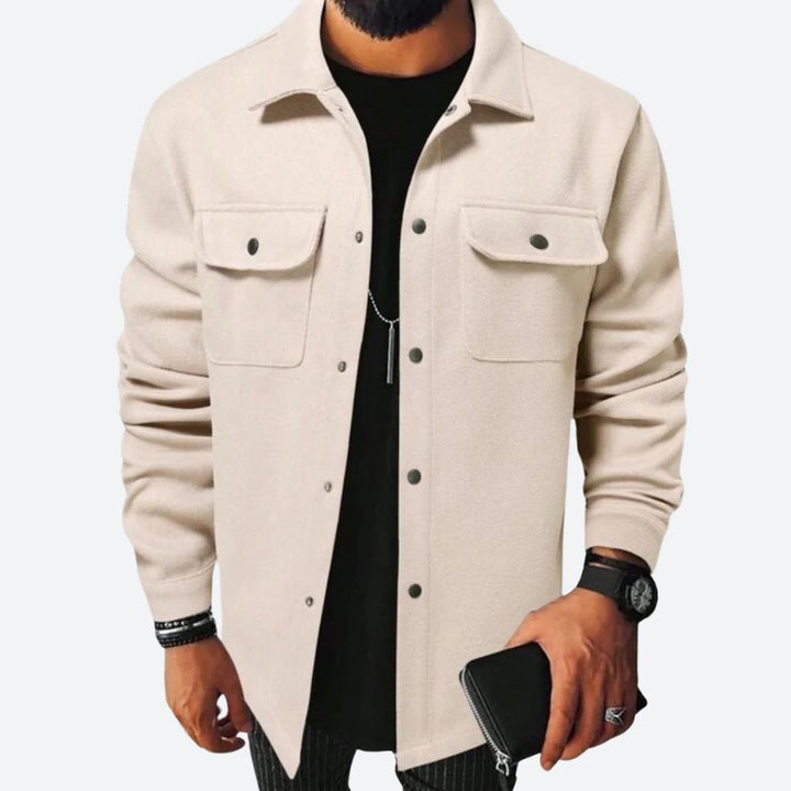 Men's Casual Overshirt Jacket – Heavy Cotton – Relaxed Fit – Long Sleeves Light Beige