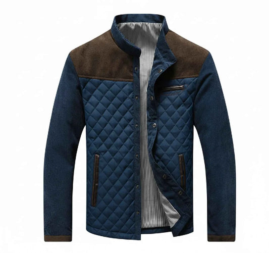Men's Diamond Quilted Stand Collar Snap Button Winter Jacket Blue