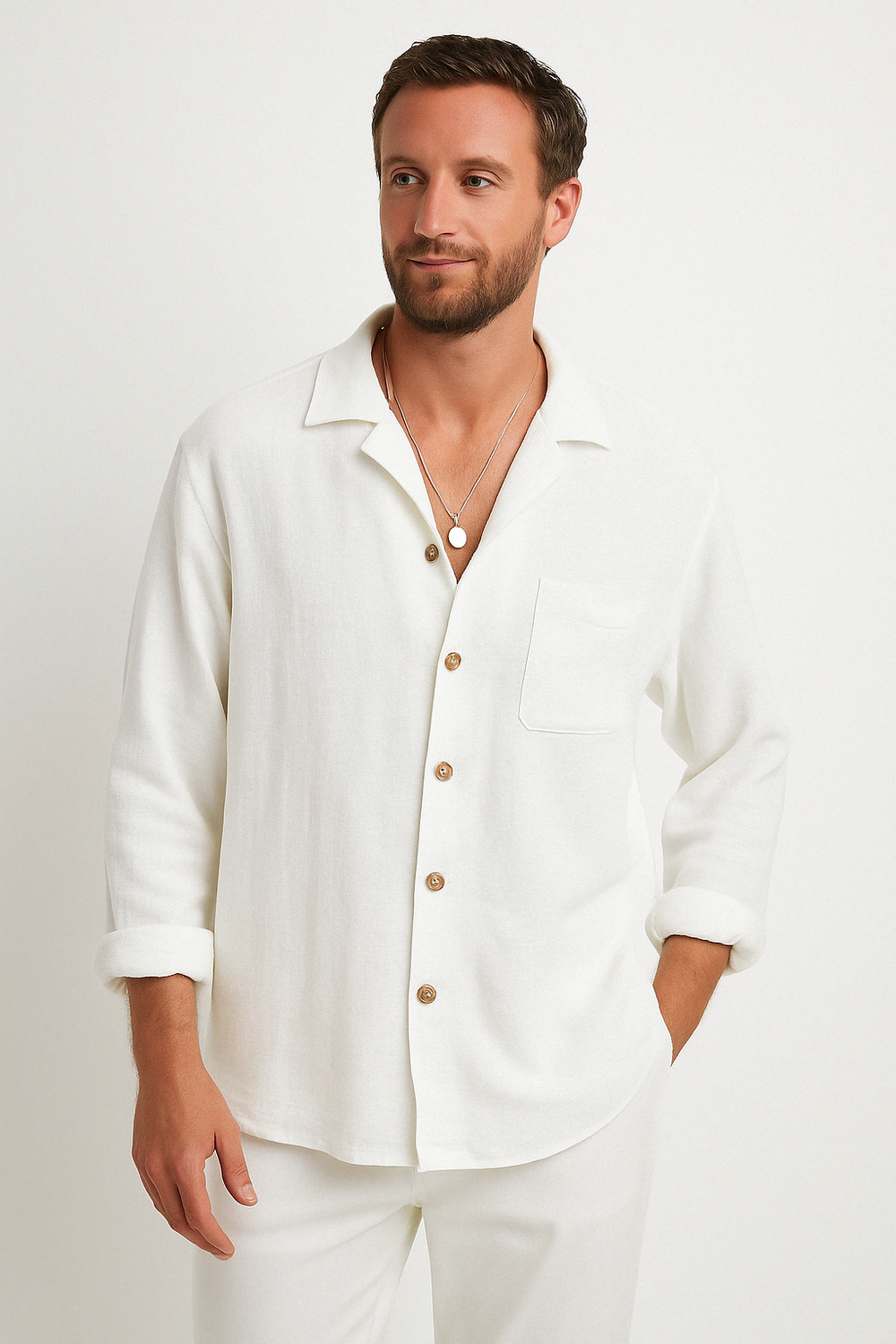 Men's Casual Shirt – Relaxed Fit – Long Sleeves – Breathable Fabric White
