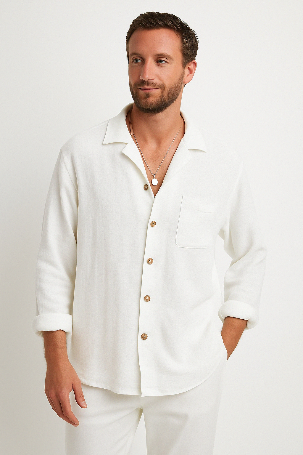 Men's Casual Shirt – Relaxed Fit – Long Sleeves – Breathable Fabric White