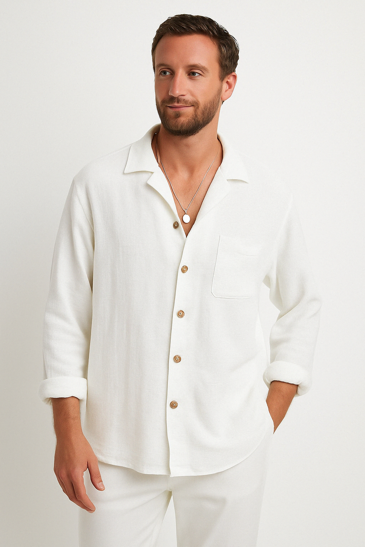 Men's Casual Shirt – Relaxed Fit – Long Sleeves – Breathable Fabric White