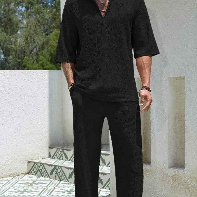 Men's Casual Shirt and Pants Set – Relaxed Fit – Breathable – Three-Quarter Sleeve Black