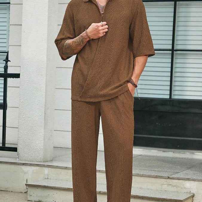 Men's Casual Shirt and Pants Set – Relaxed Fit – Breathable – Three-Quarter Sleeve Caramel
