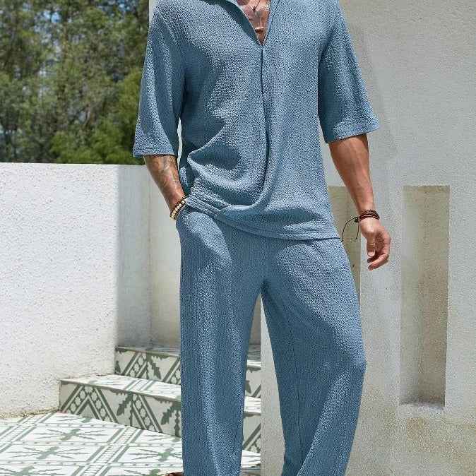 Men's Casual Shirt and Pants Set – Relaxed Fit – Breathable – Three-Quarter Sleeve Lake Blue