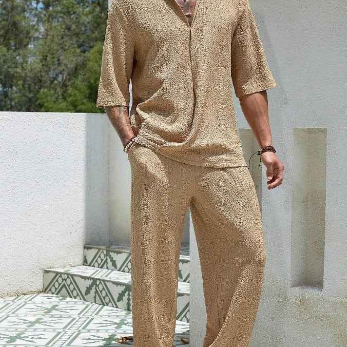 Men's Casual Shirt and Pants Set – Relaxed Fit – Breathable – Three-Quarter Sleeve Khaki