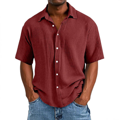 Men's Short Sleeve Shirt Relaxed Fit Breathable Textured Fabric Red