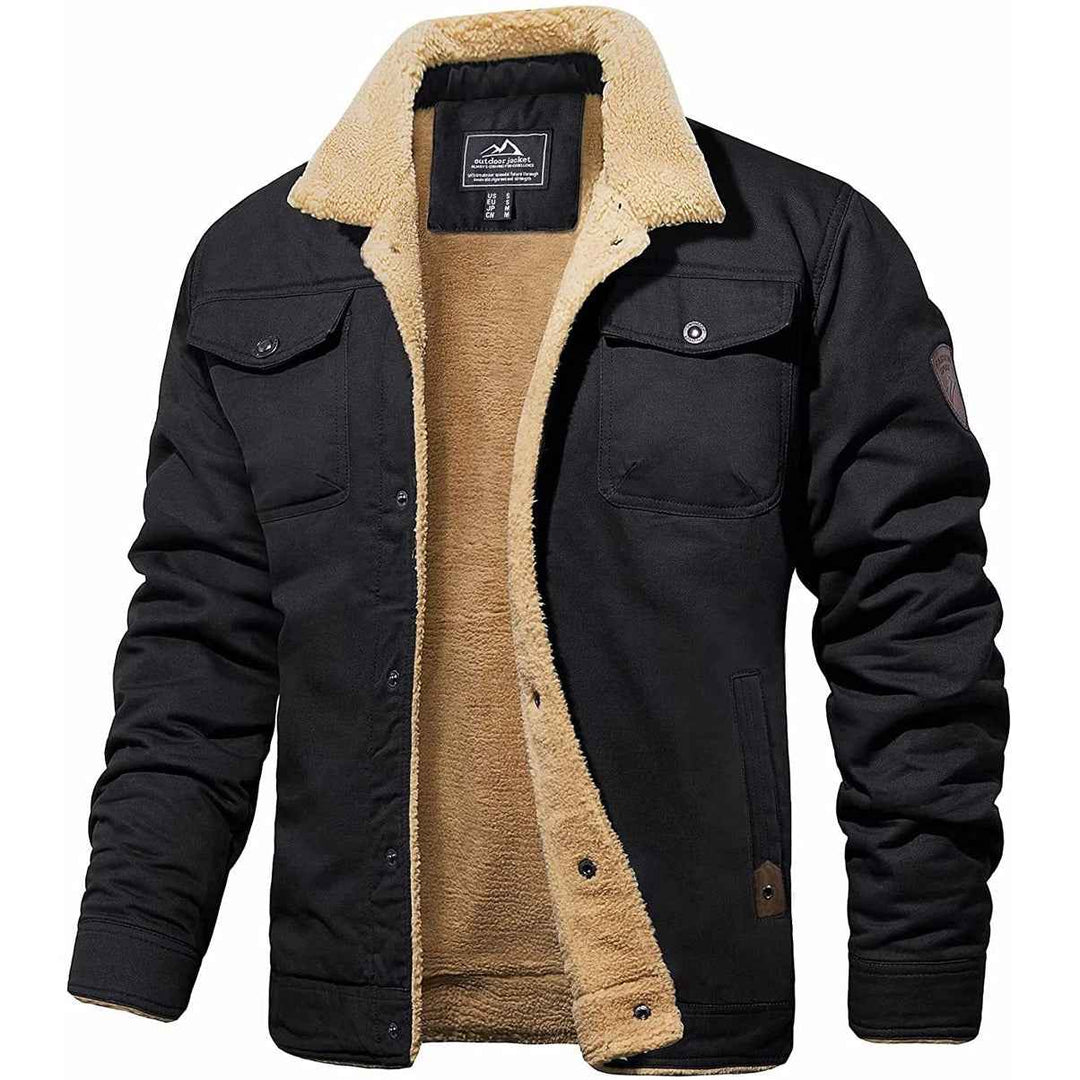 Men's Casual Trucker Jacket with Sherpa Lining – Cotton Blend – Button Closure Black