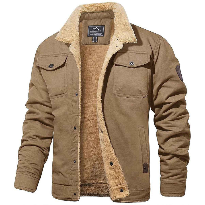 Men's Casual Trucker Jacket with Sherpa Lining – Cotton Blend – Button Closure Khaki