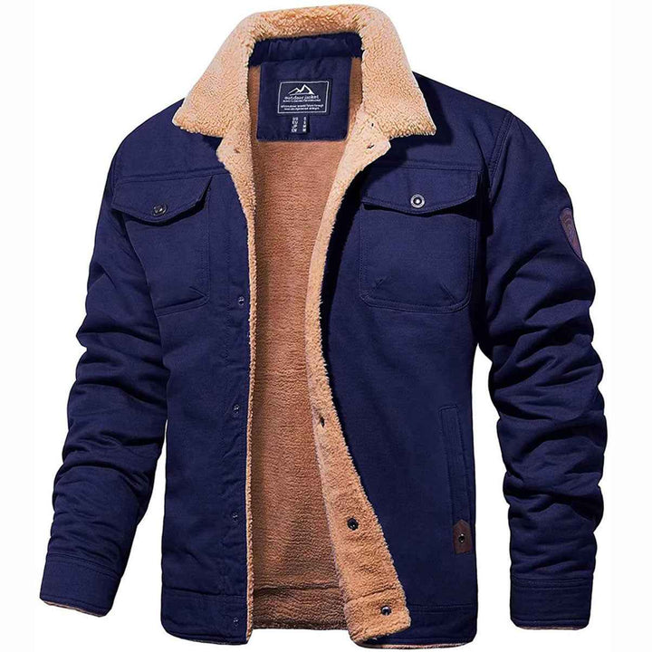 Men's Casual Trucker Jacket with Sherpa Lining – Cotton Blend – Button Closure – Outdoor Style Dark Blue
