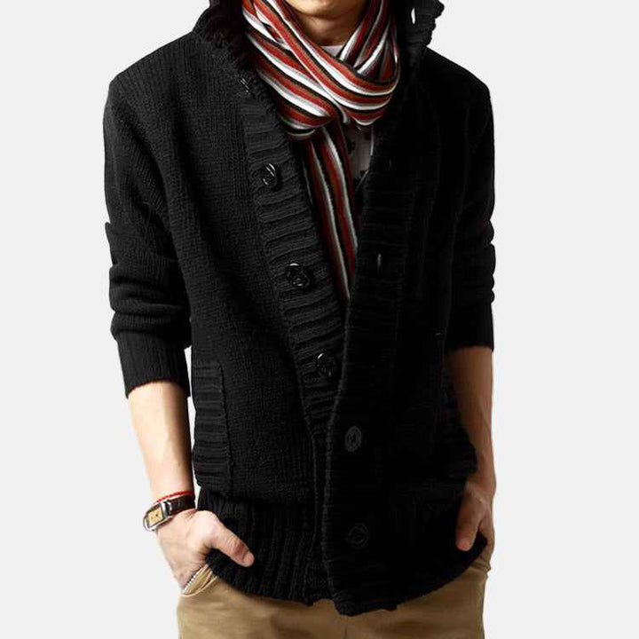 Men's Chunky Knit Cozy Cardigan – Stand Collar, Button Front, Relaxed Fit Black