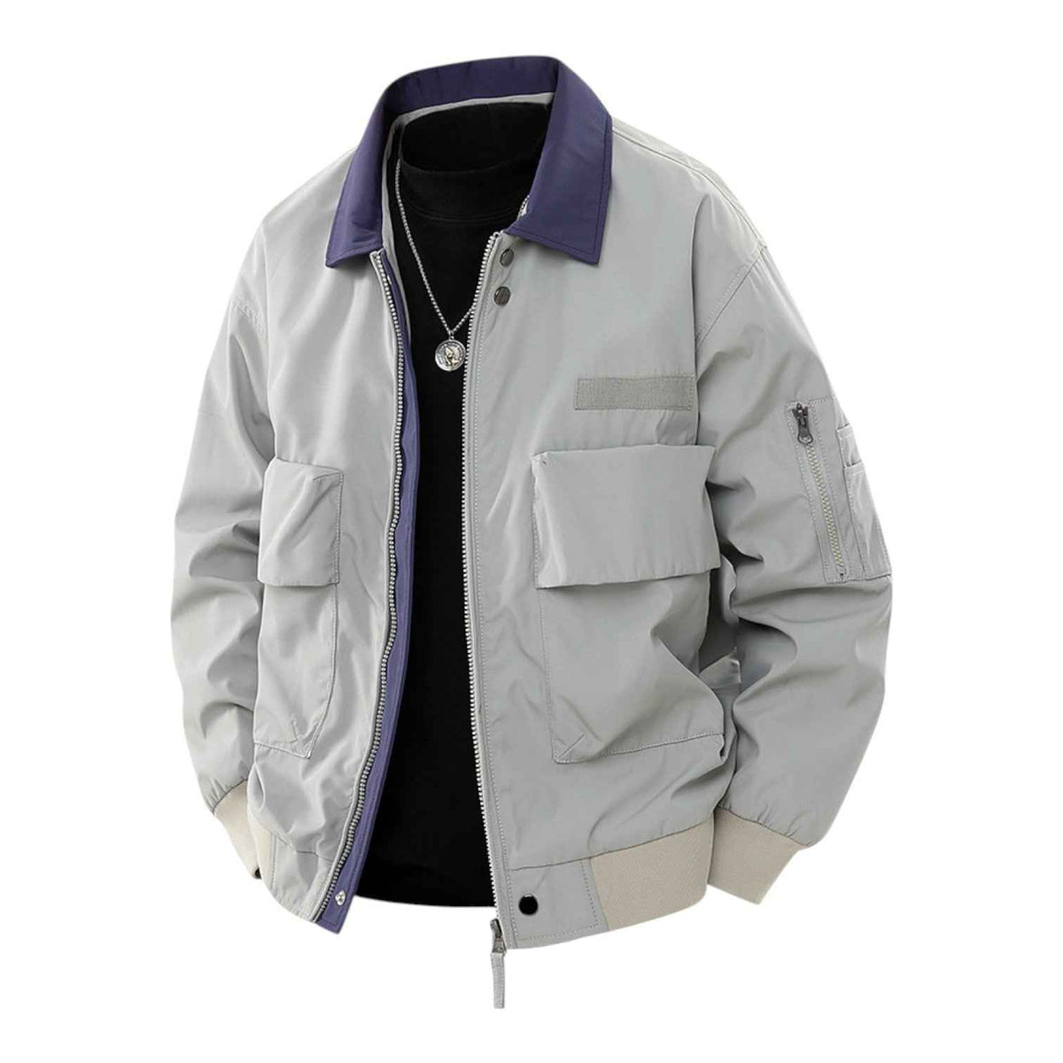 Men's Polyester Jacket Regular Fit Pockets Black Winter Gray