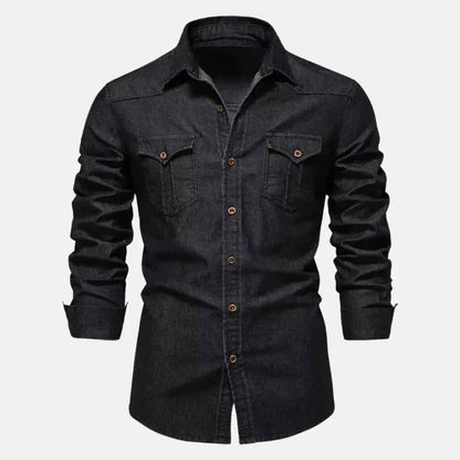Men's Cotton Shirt Pockets Navy Black Long Sleeve Black