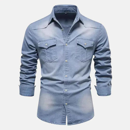 Men's Cotton Shirt Pockets Navy Black Long Sleeve Light Blue