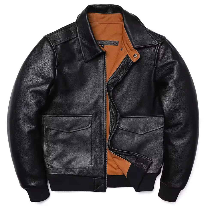 Men's Classic Leather Jacket – Zip Closure – Ribbed Hem – Pointed Collar Black