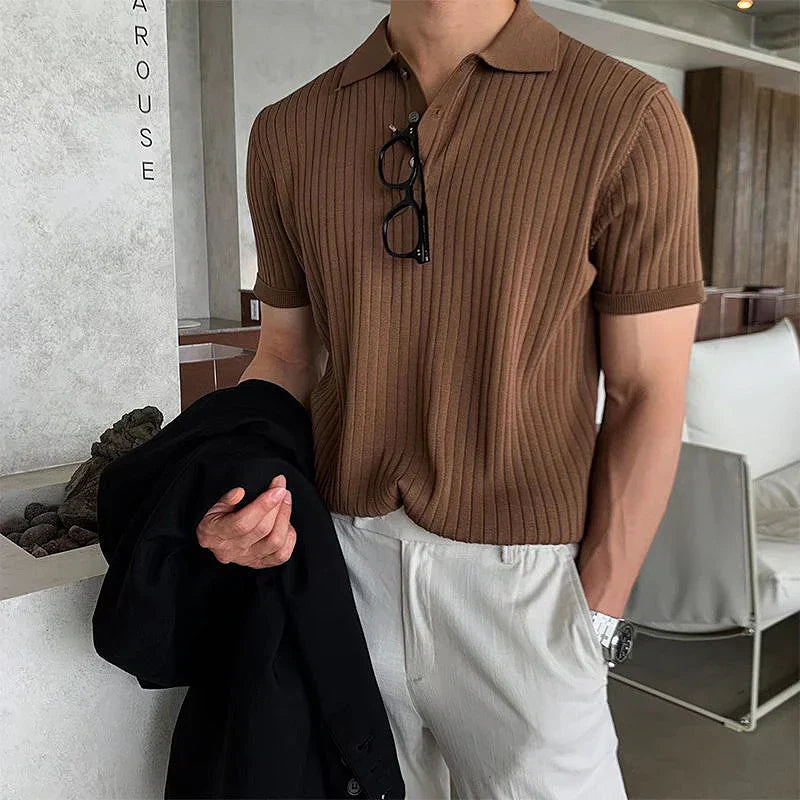 Men's Classic Striped Polo Shirt with Revere Collar Brown