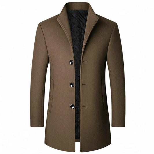 Men's Button Front Notch Lapel Mid Length Brown Winter Coat Brown